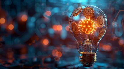 Wall Mural - Creativity and Design: A 3D vector illustration of a lightbulb with gears and a computer chip inside