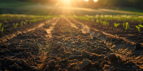 Wall Mural - Freshly Planted Seedbed Illuminated by Morning Light Revealing Sprouting Vegetation in a Peaceful Rural Landscape