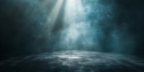 Wall Mural - solitary beam of light piercing through thick fog illuminates dark floor with ample copy space