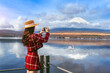 Tourist taking photo at Yamanakako lake, Japan.