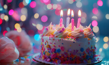 Birthday Cake With Candles, Pink Flower With Bright Light Bokeh