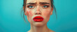 Portrait of a young sad crying woman with smeared red lipstick and flowing mascara on blue colored background with copy space.