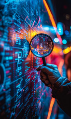 A hand holding a magnifying glass looks at data visualizations on a digital screen in the style of business and financial analytics.