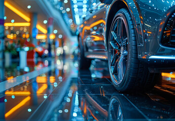 Wall Mural - The car is parked in the showroom with shiny black wheels and reflections on the floor