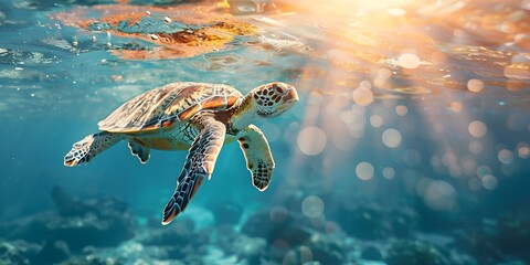 Canvas Print - Close up of a Sea Turtle Gliding Gracefully in the Ocean with Sunlight Highlighting Its Intricate Shell Pattern