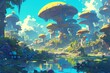Fantasy mushroom forest, illustration, cartoon, art, background