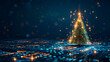 A blue and purple image of a Christmas tree with the year 2013 on it. The image is a computer-generated design and he is a futuristic cityscapev