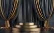 gold circular podium for luxury product display with elegant yellow golden silk satin curtain background composition with spotlight 3d rendering illustration