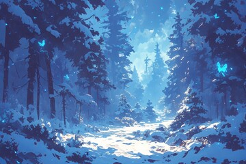 Winter forest, wallpaper, background, anime