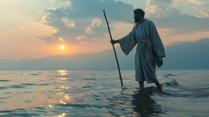 Wall Mural - Jesus Christ walking on sea surface, sunset light