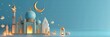 Ramadan Kareem greeting with 3D mosque design and decorative elements. Festive concept for Islamic