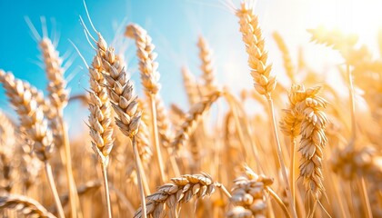 Close-up of golden wheat ears against a blue sky. Agriculture and natural resources concept