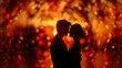 Dramatic silhouette of a loving couple kissing, set against a backdrop of shimmering, bokeh light effects, conveying deep affection and romance.