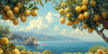 A Painting Depicting Lemons Ripening On A Tree Near The Ocean Banner