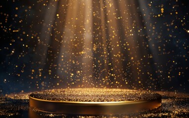 Wall Mural - Gold podium on dark background with Gold Particles. Empty pedestal for award ceremony. Platform illuminated by spotlights