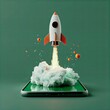 © kilimanjaro  - Space rocket taking off from a smartphone screen. Futuristic concept for technology,