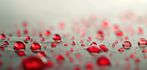Wall Mural - A close-up shot of red drops glistening like glass against a serene gray backdrop