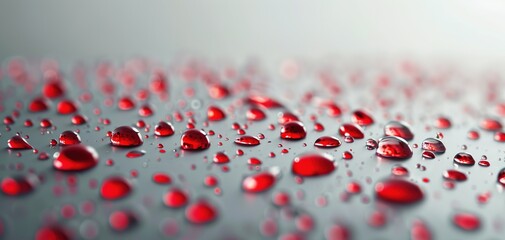 Wall Mural - A close-up shot of red drops glistening like glass against a serene gray backdrop