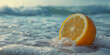 A slice of orange resting on top of a wave in the ocean banner