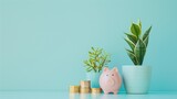 Fototapeta Kosmos - A minimalist photograph showcasing a sleek pink piggy bank positioned amidst a stack of gleaming gold coins and a single vibrant green plant, set against a crisp blue background