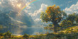A vibrant rainbow arching over a shimmering lake in a painting banner