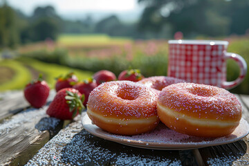 Two glazed donuts resting next to fresh strawberries on a white plate