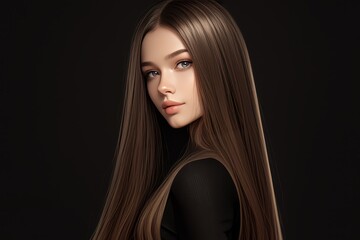  beautiful woman with long straight hair, perfect shiny and smooth hair isolated on dark background. Beauty portrait of girl with brown hair in sleek style. 