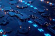 Futuristic electronic circuit board with glowing blue lights on the surface, 3D ing technology concept