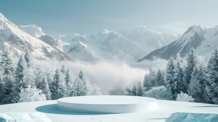 Ice podium in the middle of winter landscape with snowy mountains and trees, round stage for product presentation, abstract background, panoramic view
