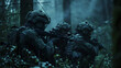 An elite special forces team moves covertly through a dense forest, equipped and ready for a covert operation