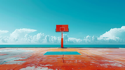 Wall Mural - Basketball court on the beach with a blue sky and sea in the background, summer joy concept