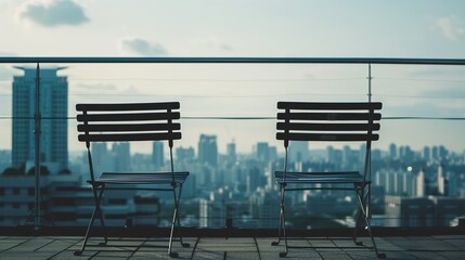 Wall Mural - A pair of empty chairs on a balcony overlooking a city skyline, suggesting shared moments and conversation