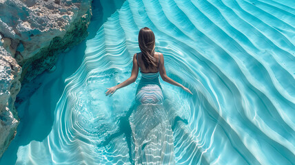 Wall Mural - Woman in a dress walking through clear azure sea water, abstract minimal fashion concept