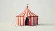 A red and white circus tent with intricate details such as a flag and a party entrance