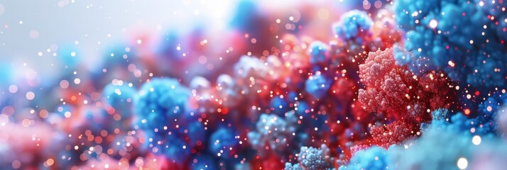 Landscapes of 3D textures in vibrant red and blue shades, decorated with sparkling stars, arranged on a white background