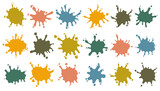 Fototapeta Dinusie - Colorful paint or liquid stains, drops of juice, water, ink, splatter set. Round flat collection of different cartoon uneven shapes isolated on white background.