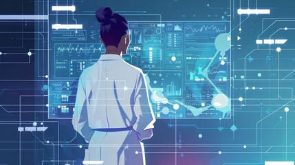 Wall Mural - A woman in a white lab coat stands in front of a computer monitor displaying a complex network of wires and circuits. Concept of technological advancement and scientific exploration