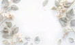 © NickArt - Tender light pastel light frame made of white leaves and flowers on white background for invitation postcard for wedding or festive event