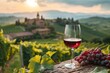 Overlooking a bucolic vineyard with a vivid red wine glass, embodying the essence of tranquility