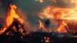 Dramatic scene unfolds with intense wildfires burning through brushwood against a dusky sky, emitting a smoky haze.