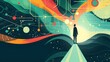 © Narongsak - A woman stands on a path in a colorful, futuristic landscape. The image is a work of art that represents the idea of exploring new frontiers and the unknown
