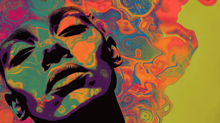 Wall Mural - Colorful, psychedelic digital portrait of a woman with vibrant swirls and patterns overlaying her face, evoking a sense of creativity.