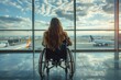 A young woman in a wheelchair watches planes at the airport, suggesting themes of wanderlust and aspiration