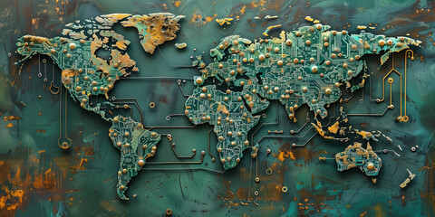 Wall Mural - A world map made of printed circuits, representing the global network and connections, data transmission and advanced technologies.