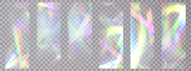 Leinwandbilder - Rainbow light rays, lens flare, reflection effect from crystal, glass or gem. Vector realistic illustration set of light leak effect with spectrum glare, prism refraction, lens flare	