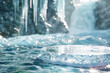 Crystal Ice Podium: Create a 3D scene with a podium made of crystal-clear ice set against a backdrop of icy cliffs. The background should feature sparkling ice crystals and a frosty, winter ambiance.