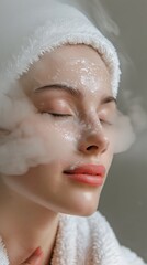 Wall Mural - facial steamer, a model relaxes with steam gently opening pores for deeper cleansing