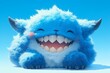 Cute fluffy monster smiling with white teeth, blue fur on its body