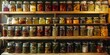Wall-mounted shelves filled with labeled jars, neat arrangement, bright light 