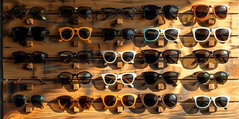 Wall Mural - Sunglasses neatly displayed on a wall organizer, stylish array, bright light 